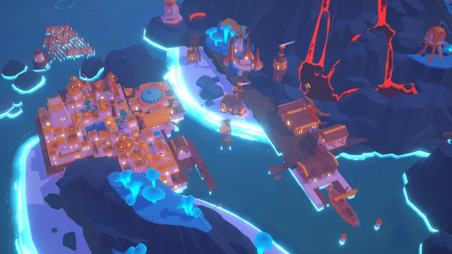 ISLANDERS screenshot: a fuller island with points ticking up as buildings cluster