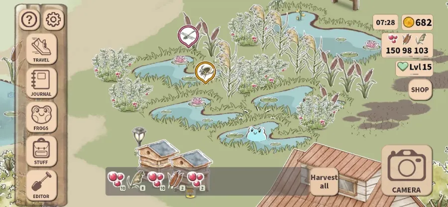 Kamaeru screenshot: breeding frogs and logging them in the Frogedex