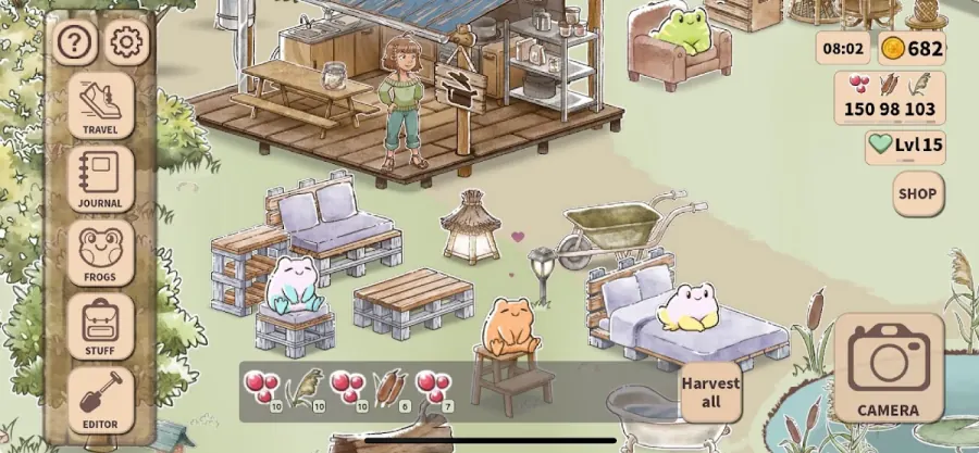 Kamaeru gameplay: a hand-drawn frog refuge with lily pads and cozy furniture