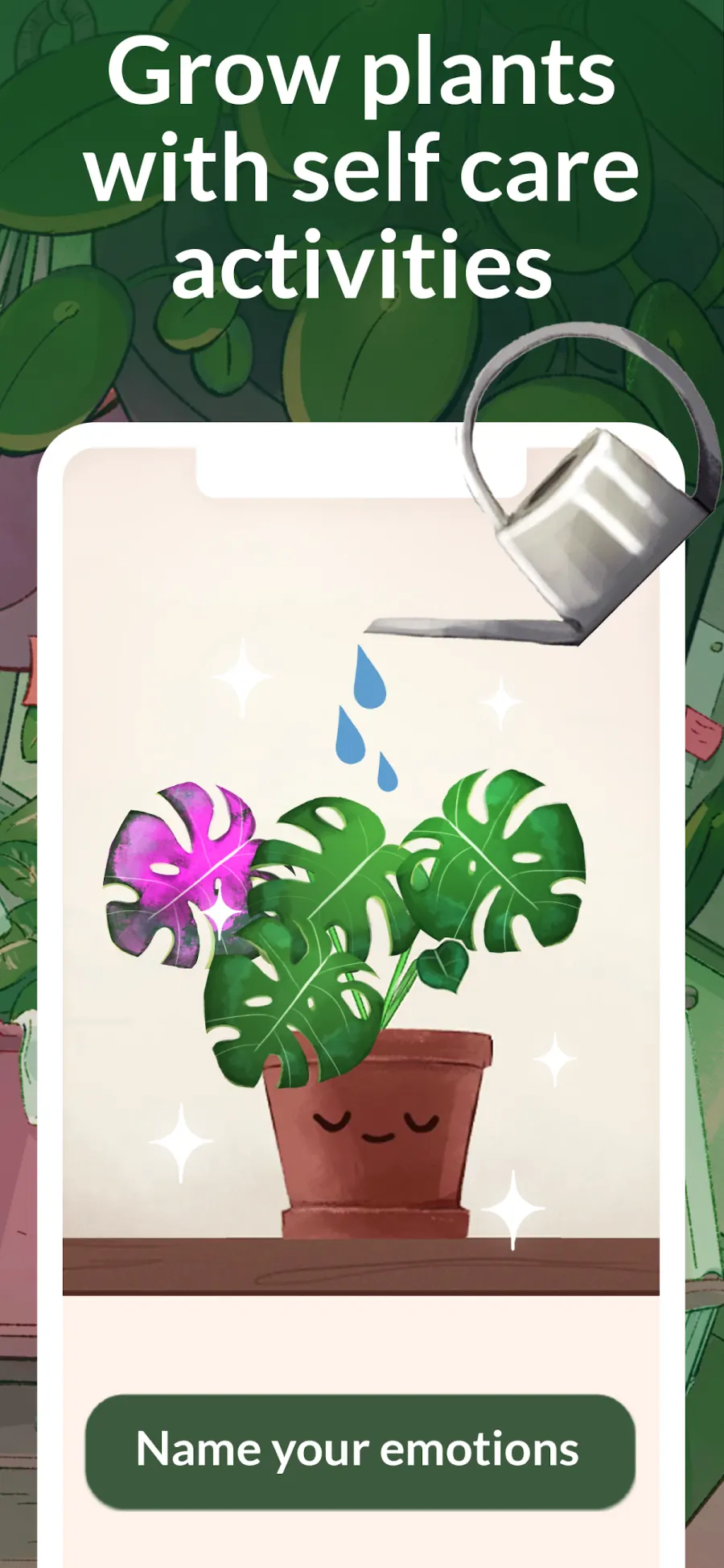 Kinder World screenshot: a windowsill of plants and a soft kind reminder