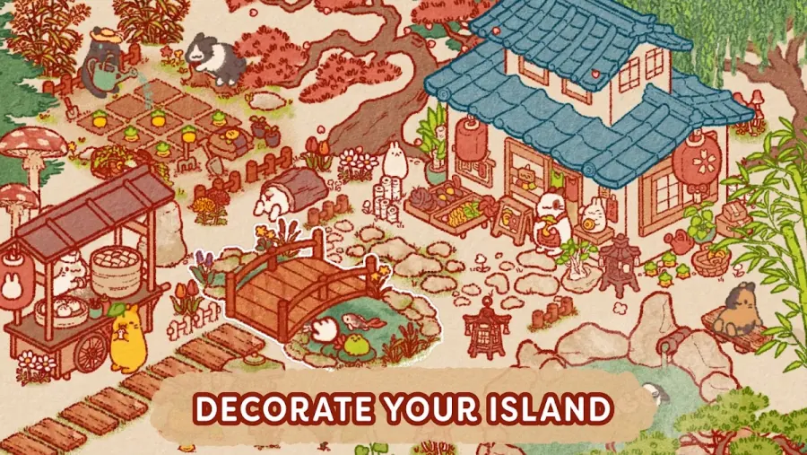 Usagi Shima gameplay: a cozy island with treats set out for visiting bunnies